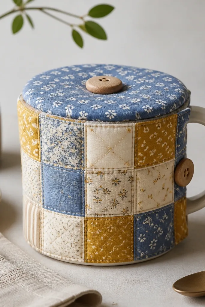 A patchwork mug cozy made from small squares of cotton in mustard, cream, and muted blue. The top has a removable fabric topper with a button, and the cozy fits a standard mug.
