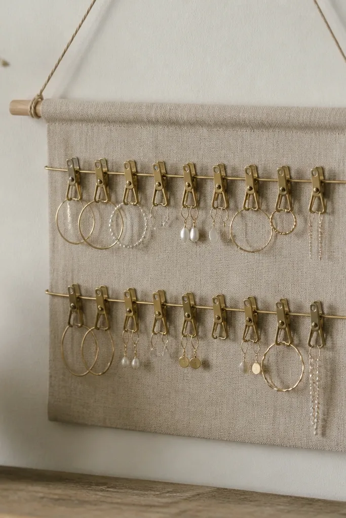 A small wall hanging made from a thin wooden dowel and two rows of curtain clips. Tiny rings and earrings hang from the clips, and the background is a soft linen strip.