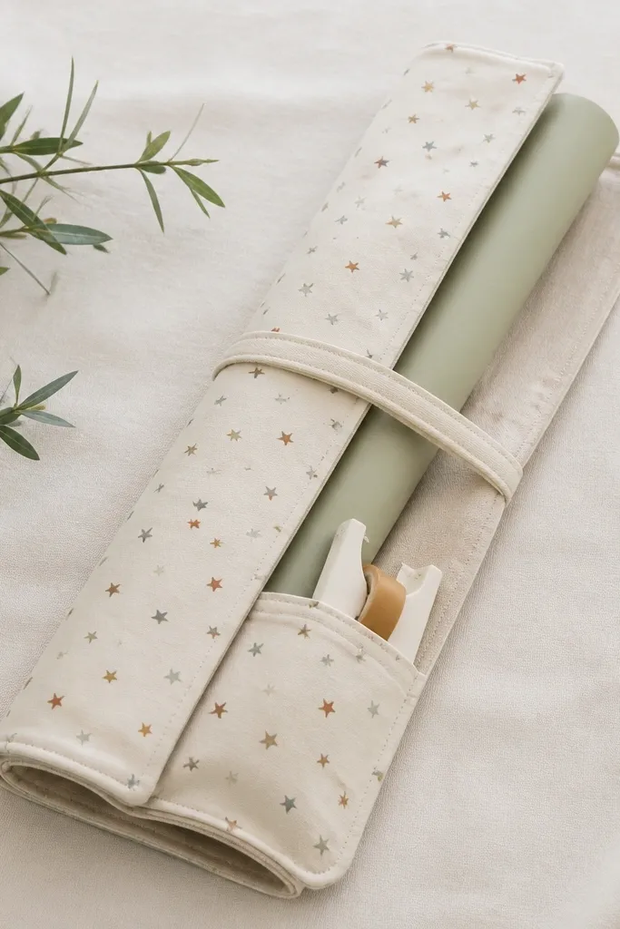 A roll-up organizer made from patterned fabric holding a sheet of wrapping paper and a small tape dispenser pocket. A strap wraps around it, and the fabric shows tiny stars in muted colors.
