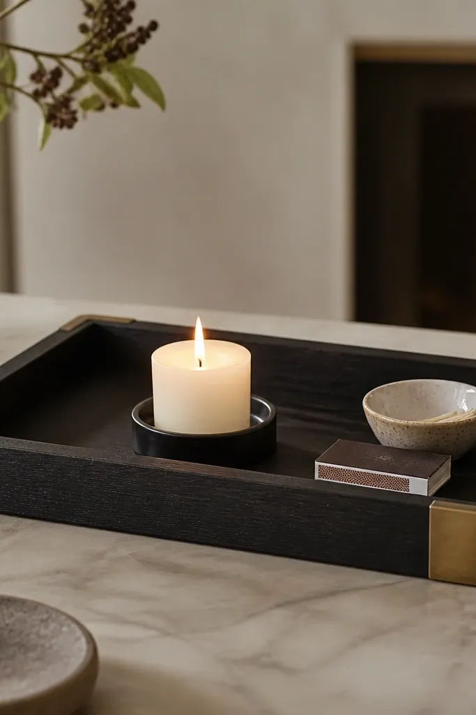 A rectangular candle tray in black-painted wood with brass corner guards. A small white candle sits in the center, and a matchbook and tiny ceramic dish rest on the side.