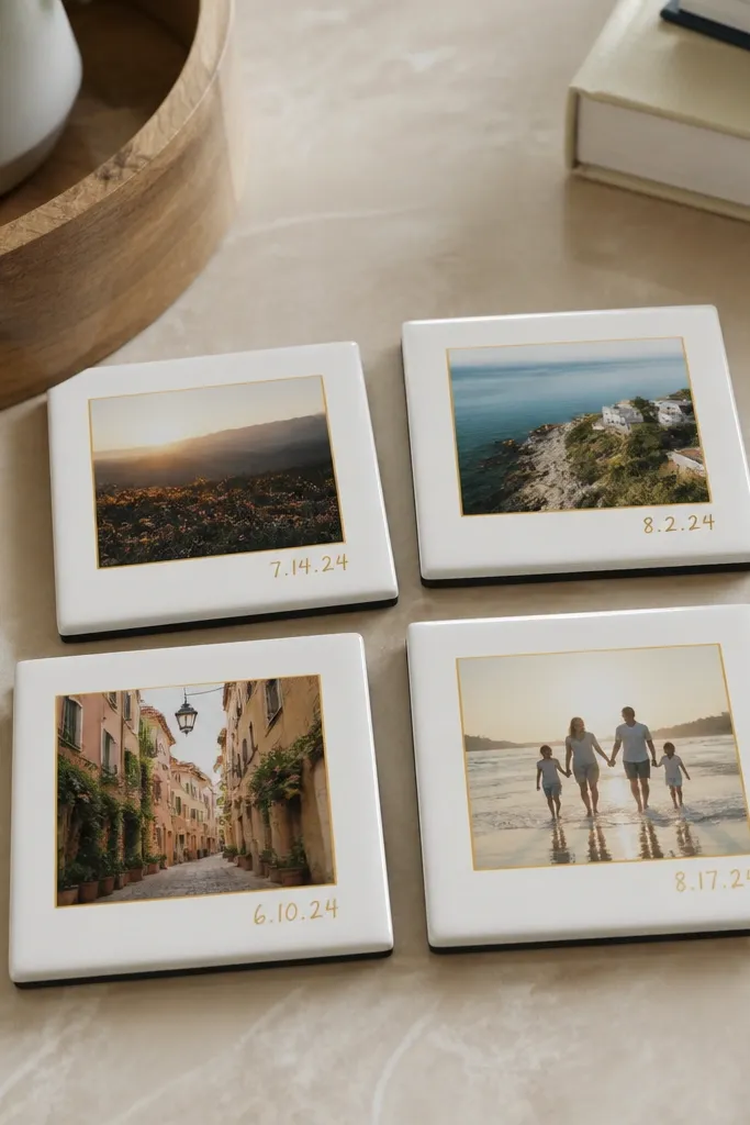 Four square ceramic tile coasters on a coffee table. Each coaster has a small printed photo in the center, with a thin gold-ink border and a neat handwritten date stamp in the corner. The tiles look glossy and uniform, with a matching set of black cork backing underneath each one.