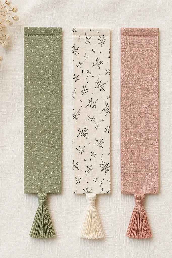 A set of three bookmarks made from cotton fabric strips. One is sage green with tiny white dots, one is cream with small black flowers, and one is dusty rose with subtle texture. Each bookmark has a clean top folded edge and tassel-like ends made from coordinating embroidery floss, tied neatly and trimmed to the same length.