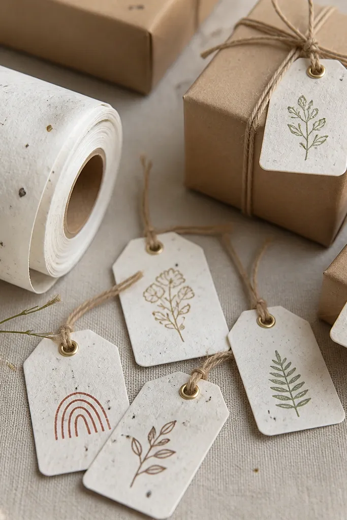 A roll of seed paper cut into small tag shapes, each tag stamped with a different message. The tags are tied to small gift boxes using twine. You can see tiny specks of seeds embedded in the paper, and each tag has a clean hole punched at the top with a metallic eyelet.