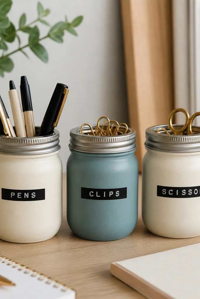 A set of three small mason jars on a desk. Two jars are painted matte cream and one is painted muted teal. Each jar has a label strip with crisp black text in a label-maker font, and the lids are left in natural metal. The jars hold pens, paper clips, and tiny scissors.