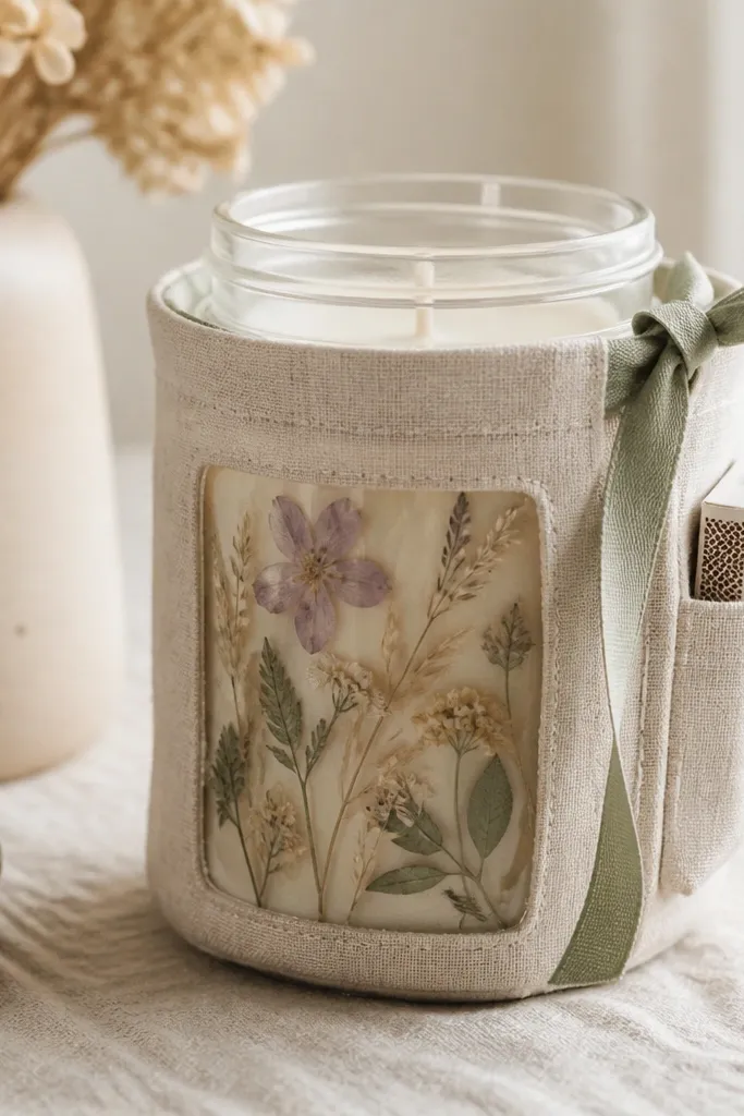 A handmade fabric sleeve around a jar candle. The sleeve is made from cream linen, with pressed flowers arranged under a clear window panel. A small hidden pocket is visible on the side with a matchbox peeking out. The sleeve has a simple tie closure using sage ribbon.