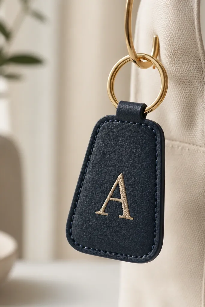 A vegan leather key fob hanging from a ring. The fob is deep navy with a neat single-letter monogram stitched in pale gold thread. The edges are clean and slightly rounded, and the stitching is even with small, consistent loops.
