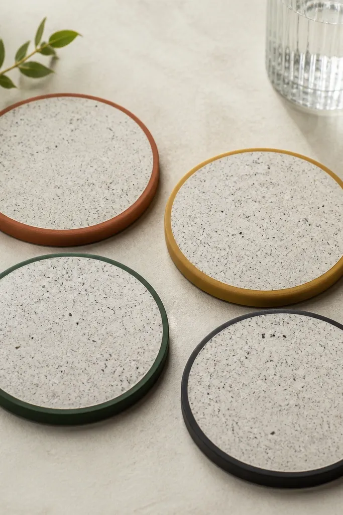 Four round coasters with a speckled concrete-like surface. Each coaster has a thin color-blocked rim: one rim is terracotta, one is mustard, one is forest green, and one is black. The centers have a textured matte finish and the edges are clean and flat.