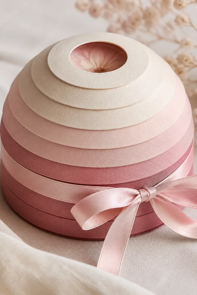 A small keepsake box shaped like a dome made from layered scrapbook paper. The layers create a stepped effect in a gradient: cream to blush to dusty rose. The top has a small cut-out window and the sides show clean paper layers with a satin ribbon tie.