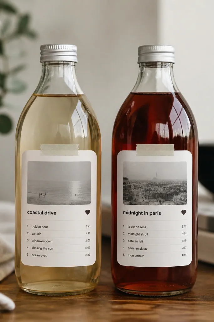 A set of two glass bottles with matching labels styled like a music app. The labels show a fake playlist name, a list of five song titles, and a small black-and-white heart icon. The paper labels are matte, with clean rounded corners and a strip of washi tape at the top.