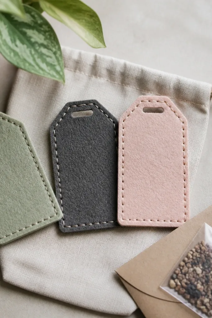A felt plant tag kit with three hanging tags. Each tag is cut from different felt colors - sage, charcoal, and blush - with a small stitched-looking border made from glue and thread. The tags have pre-cut slits for string, and a small packet of seeds sits in a kraft envelope.