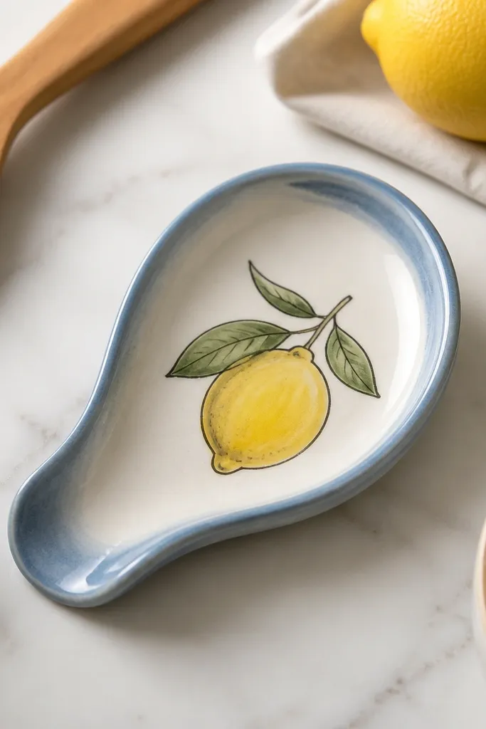 A small ceramic spoon rest with a smooth curved shape. The center has a hand-painted design: a simple line drawing of a lemon in yellow and green, with thin black outlines. The edges are painted in a muted blue glaze tone, and the finish looks glossy and sealed.