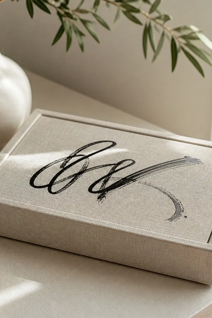 A small rectangular tray covered in linen fabric with crisp corners. The edges are wrapped neatly and glued under a thin border. The top has a stamped or written message in black ink that looks protected and glossy, with a gold-toned knob or small handle on one side.