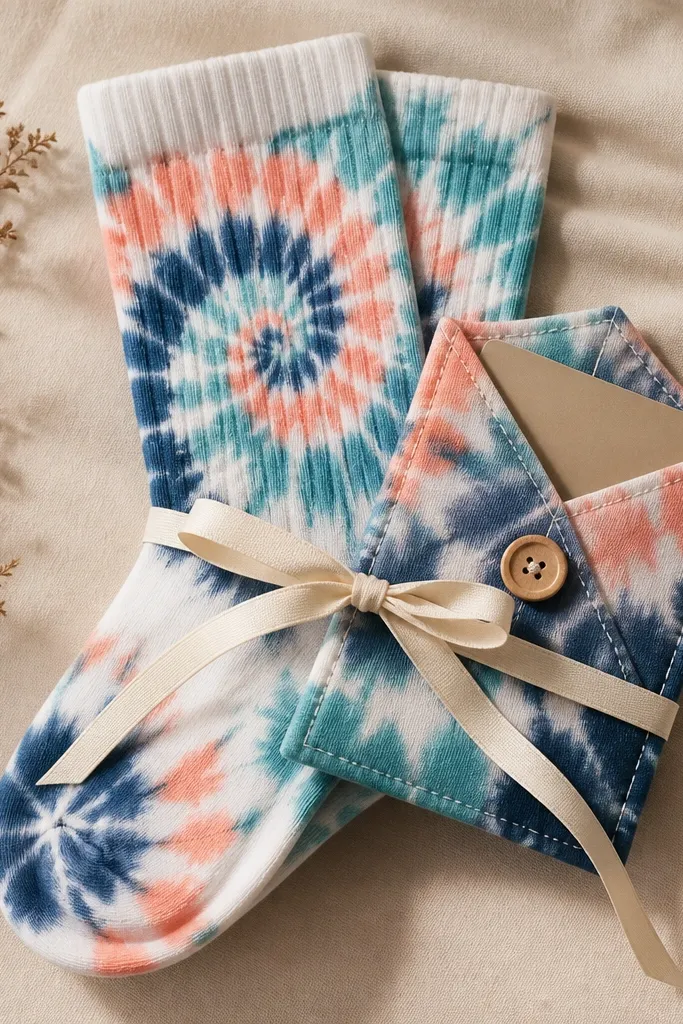 A pair of white crew socks tie-dyed in a swirl pattern with teal, coral, and navy. Beside them is a small fabric envelope stitched from matching cotton, holding a gift card. The envelope has a button closure and the whole set is tied together with a narrow ribbon.