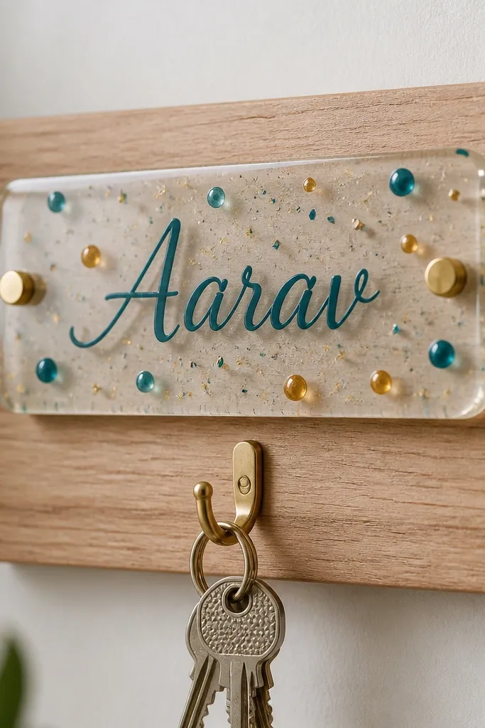 A small resin nameplate mounted on a wooden board. The resin is clear with embedded tiny confetti pieces and small colored drops in teal and gold. The name is in raised lettering or painted letters under the resin, and the back has a hook for keys.