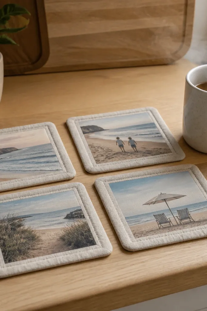 A set of four fabric coasters with rounded corners. Each coaster has a printed photo center transferred onto fabric, surrounded by a border of coordinating cotton. The edges are neatly stitched around, and the backs show a heat-safe non-slip layer.