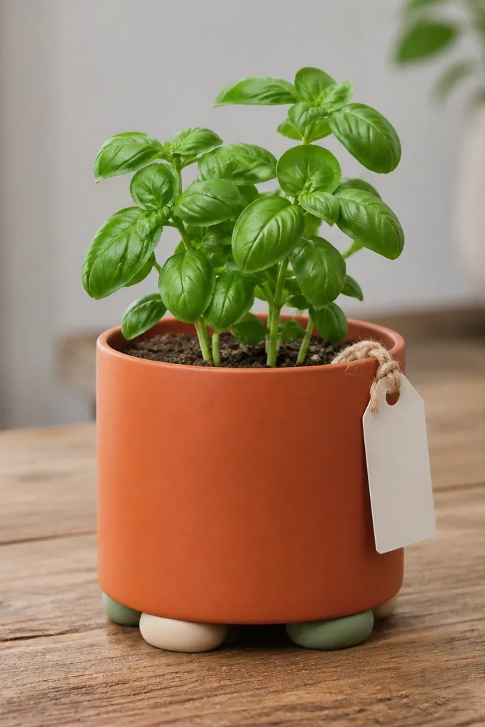 A terracotta pot with a matte orange-red finish. Around the bottom rim, small painted "feet" look like four rounded pads in cream and dusty green. A tiny basil plant sits centered in fresh potting mix, with a simple white plant tag tied to a twine loop.