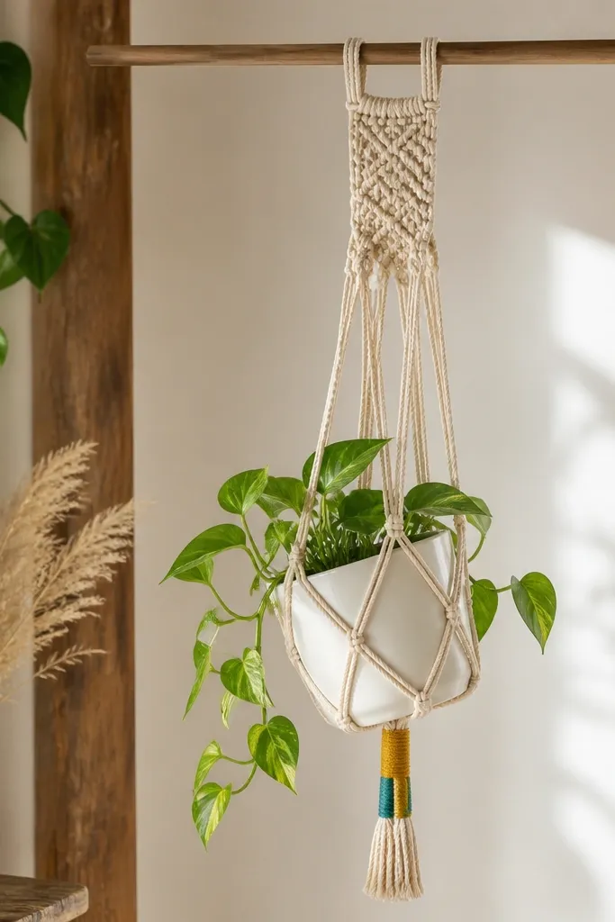 A cotton macrame hanger hangs from a wooden dowel. The cords are natural cream with two short dyed sections near the tassel ends in mustard and muted teal. A small pothos in a white pot sits inside, slightly tilted for a relaxed look.