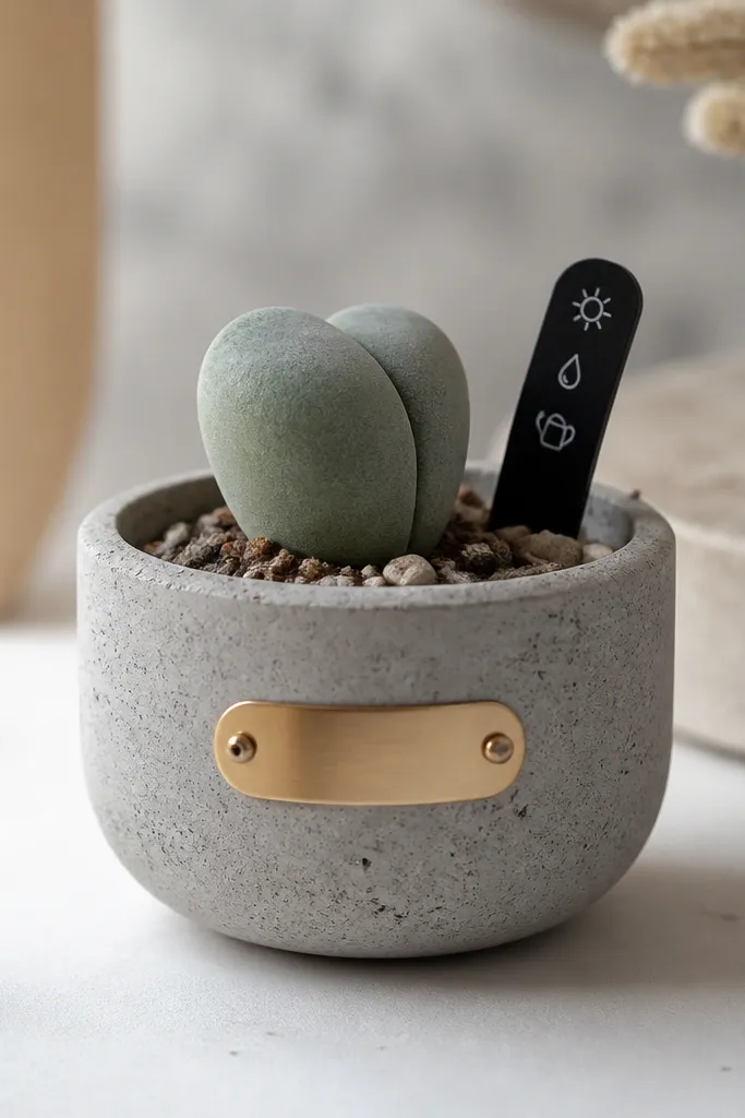 A small round cement planter with a speckled gray surface. On the front, a thin gold leaf name plate is attached with two tiny screws. Inside is a compact succulent with two plump leaves, and a black marker care label sits on the soil line.