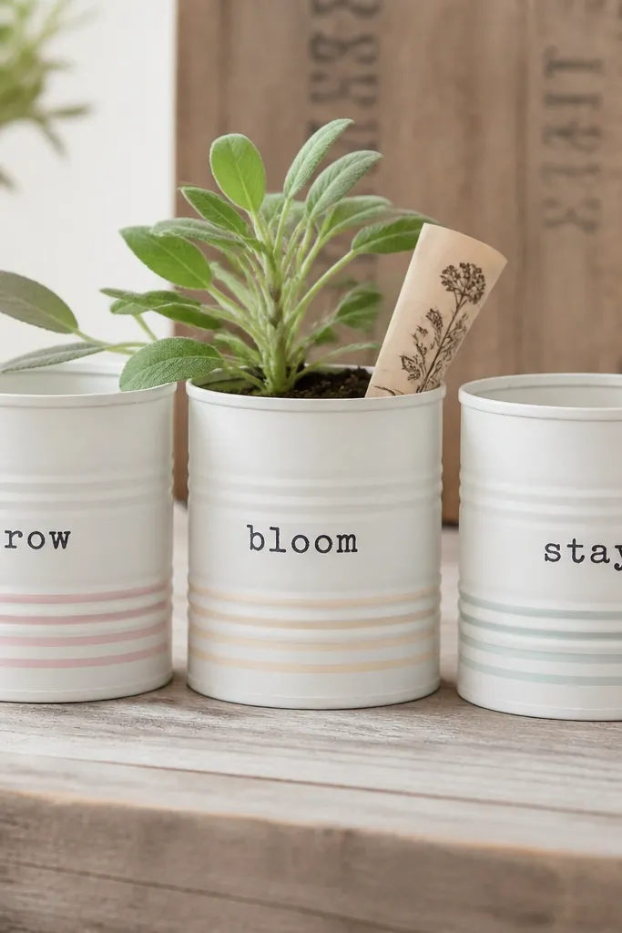 Three small tin cans painted matte white with soft pastel stripes. Each can has a stamped message on the front in dark ink: "grow," "bloom," "stay." A small plant sits inside one can, with a rolled paper seed packet tucked behind.