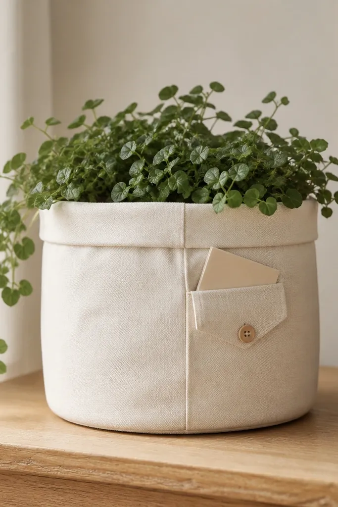A round planter wrapped in soft cotton fabric. The sleeve has a neat seam and a small hidden pocket flap on the side with a button. Inside the pocket is a folded care card. A small plant with trailing leaves spills slightly over the top edge.