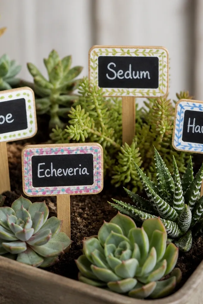 A set of four small wooden plant labels with hand-painted borders. Each label has a chalkboard black center with white handwritten plant names. The labels are set into soil next to a small collection of succulents in a tray.