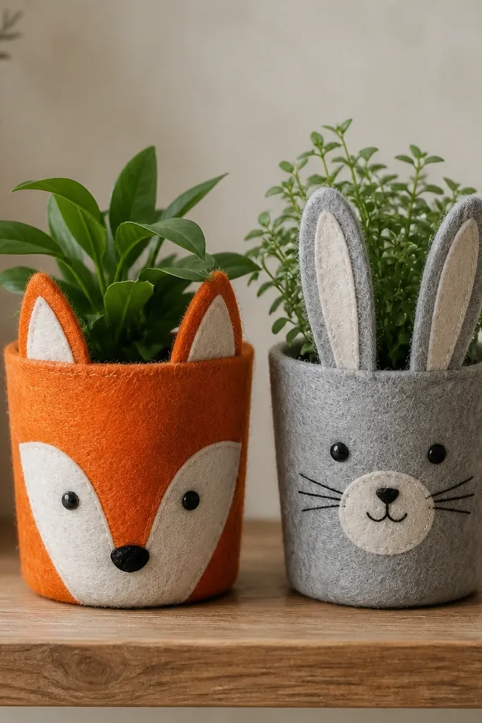 A set of felt covers shaped like little animals. One looks like a fox with orange felt ears, another like a bunny with gray ears. Each cover wraps around a small nursery pot, leaving the plant leaves visible at the top.