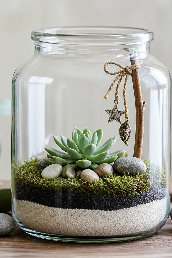 A clear glass jar terrarium with visible layers of pale sand, charcoal sand, and a thin moss top. Small star and leaf charms are tied to a stick inside the jar. A tiny succulent sits in the center, surrounded by smooth stones.