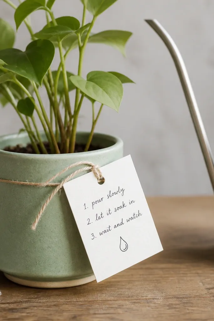 A small ceramic planter with a matte glaze in seafoam green. A thin metal "pour over" spout sits to one side, and a white card is tied with twine. The card has handwritten steps about watering slowly, with a tiny droplet illustration.