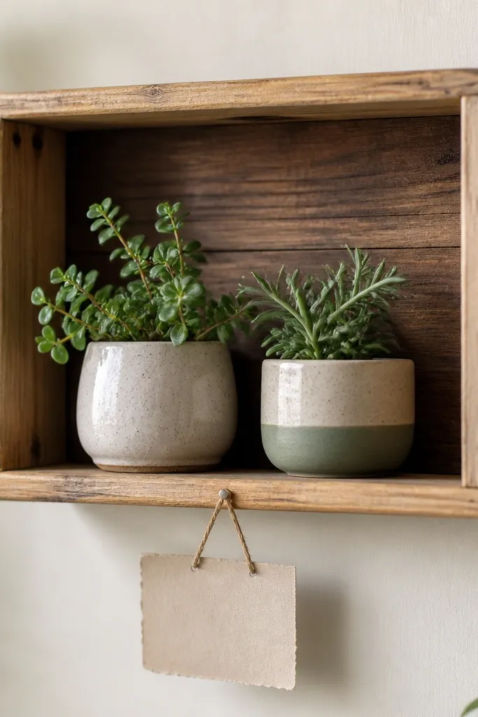 A small wall shelf made from a wood crate. The inside back panel is stained dark walnut, while the outer frame is stained light oak. Two small planters sit side-by-side, and a handwritten label strip hangs from a nail.