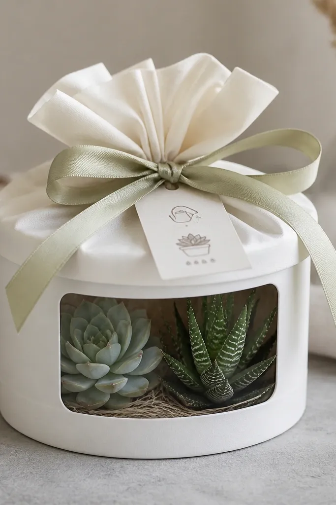 A shallow gift box made from cardboard covered in soft white paper. The top is gathered with ribbon like a drawstring pouch, and a clear window shows two succulents. A small tag sits under the ribbon with watering instructions.
