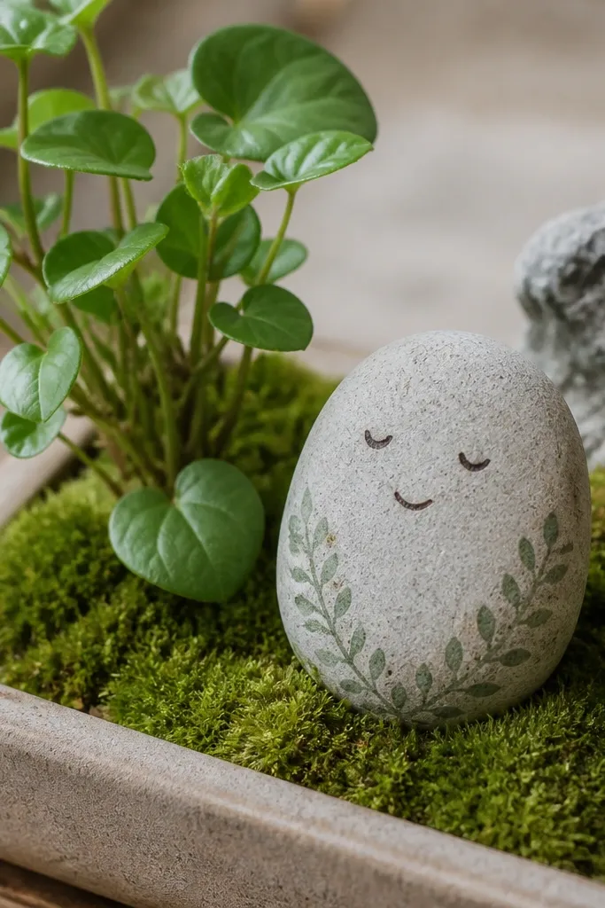 A smooth river stone painted with a simple face and tiny leaf pattern. The stone sits next to a small plant in a tray, and a ring of green moss covers the soil surface. The stone has a matte finish and the moss looks fresh and velvety.