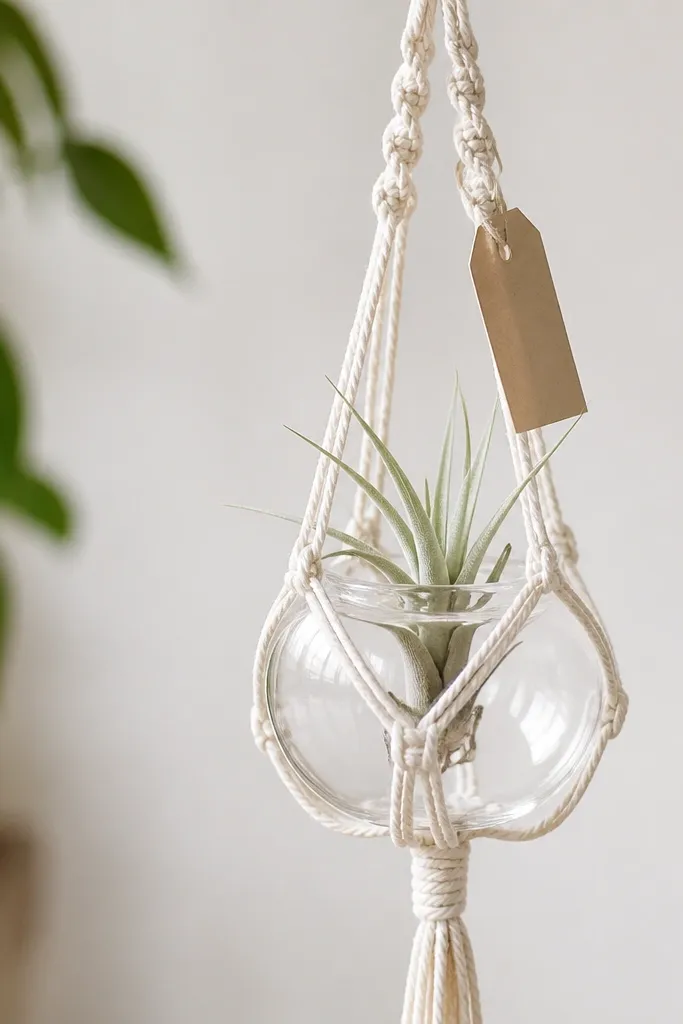 A small clear glass vessel hangs in midair using macrame. Inside are tiny air plant clips holding a silver-green air plant. The vessel is clean and reflective, and a small care tag hangs from the cord.