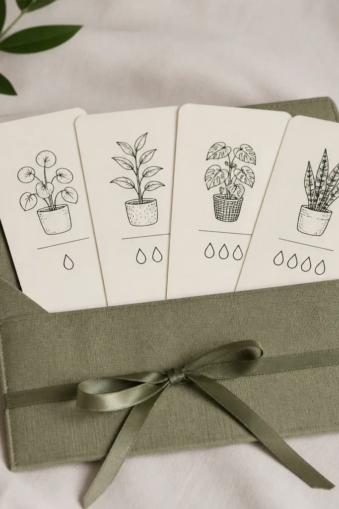 A set of four small plant care cards in cream paper with black hand-lettering. Each card has a droplet icon and a simple watering rule. The cards slide into a fabric envelope sleeve in muted green, tied with a narrow ribbon.
