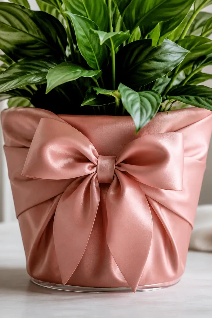A plant pot is wrapped in soft satin fabric in dusty rose with a big satin bow on the front. A thin waterproof lining shows at the base edge in clear plastic. The plant sits centered with leaves spilling over the top.
