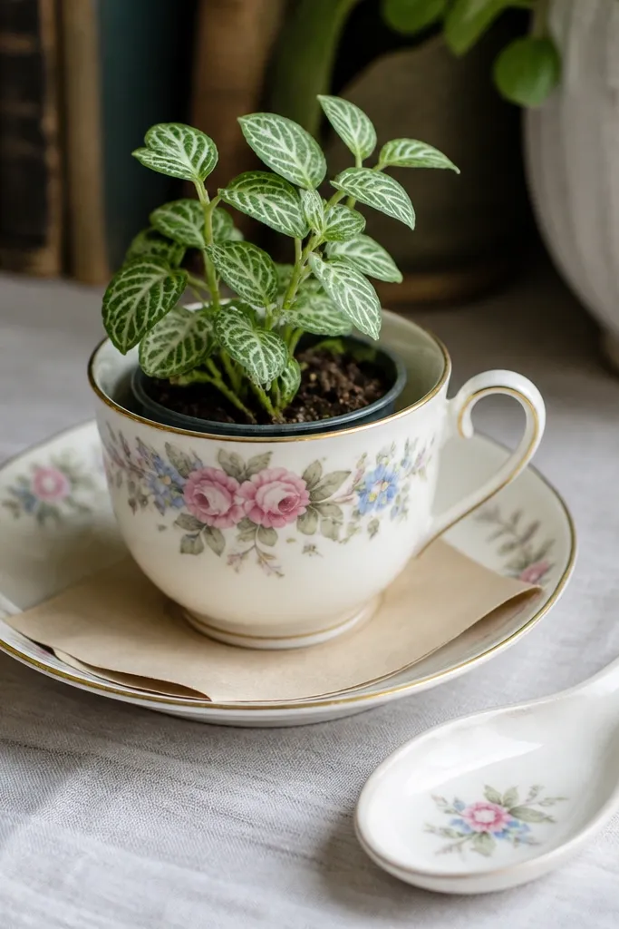 A small vintage tea cup with a floral rim used as a planter. Inside is a tiny plant in a plastic insert, so the cup stays clean. A saucer holds a folded paper care note, and a spoon-shaped spoon rest sits nearby.