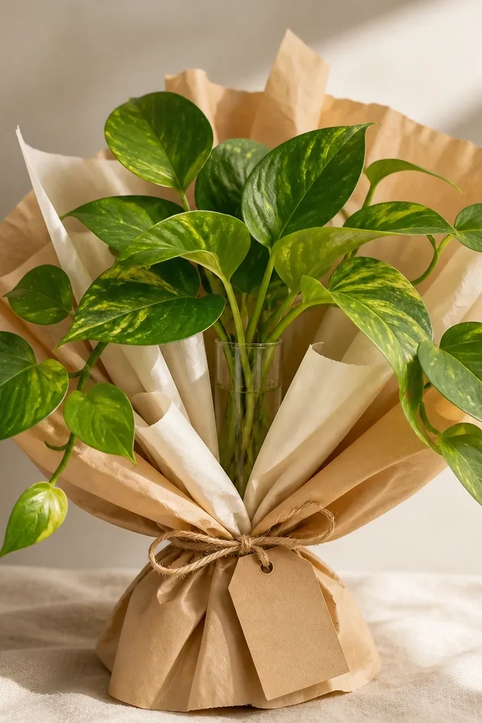 A bouquet wrapped in crinkle paper in two tones. Inside, live pothos cuttings are held upright in a small water tube. The leaves drape over the crinkle edges, and a kraft tag reads "bright indirect."