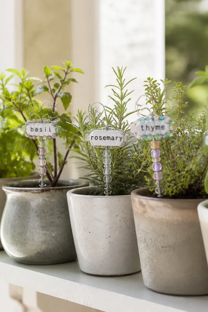 A set of small plant stakes made from thin wire with beads in pastel colors. Each stake has a tiny bead label and sits in a row of small pots on a shelf. The beads catch light and the labels are readable in bright daylight.