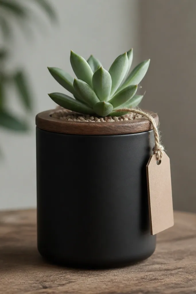 An empty candle jar cleaned and painted matte black. The lid is replaced with a small wooden coaster. A small succulent grows in the jar with a thin layer of gravel at the top, and a handwritten tag hangs from the coaster.