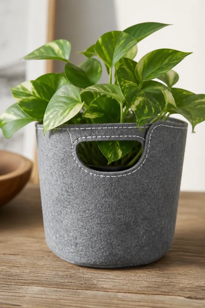 A felt sleeve sewn to fit a small pot with a built-in handle opening. The felt is muted gray with a contrast stitch line in white. A pothos plant sits inside, and the leaves peek through the top opening neatly.