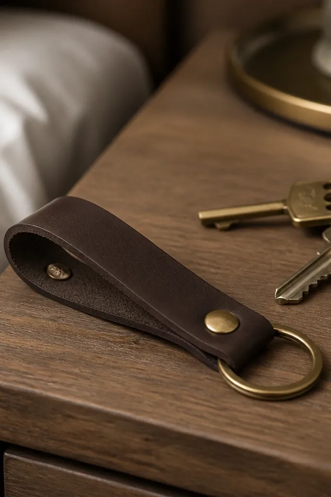 A matte dark-brown leather keychain strip with a small metal stamp on the inside edge, a single brass rivet, and a slim brass split ring hanging on a bedside table with keys in frame.