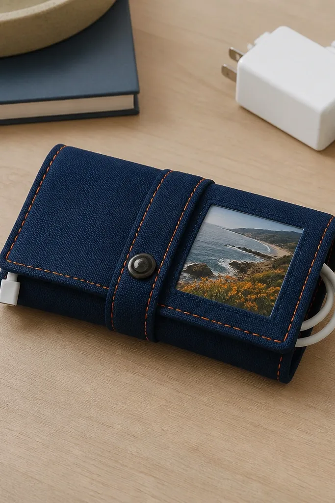A folded handmade cable wrap made from thick canvas in deep navy, with a small printed photo window under clear vinyl, and visible topstitching in bright orange thread laid flat on a desk next to a charger.