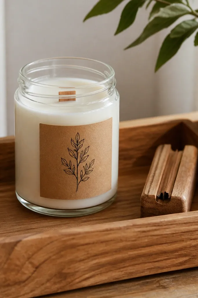 A reused clear glass jar candle on a wooden desk tray, with a small label made from kraft paper and black ink, and a wooden wick holder sitting beside it.