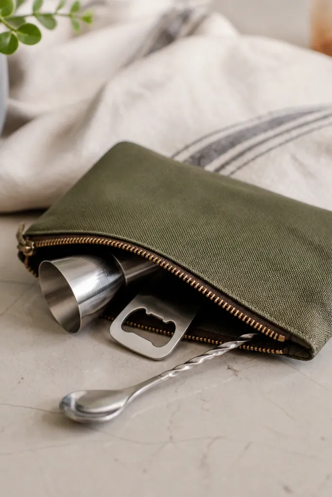 A small canvas pouch in olive green with a zipper, containing a stainless jigger, a tiny bottle opener, and a bar spoon, photographed on a kitchen counter with a linen towel.