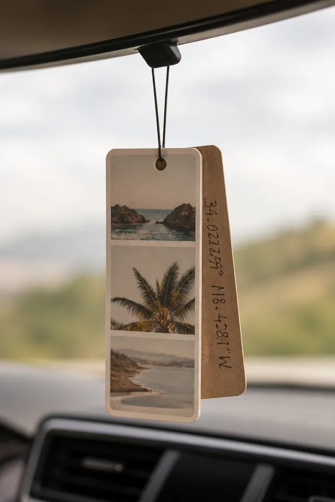A stiff cardstock car air freshener with a small perforated hanger, printed photo strip on the front, and handwritten coordinates on kraft paper backing, shown hanging from a rearview mirror.