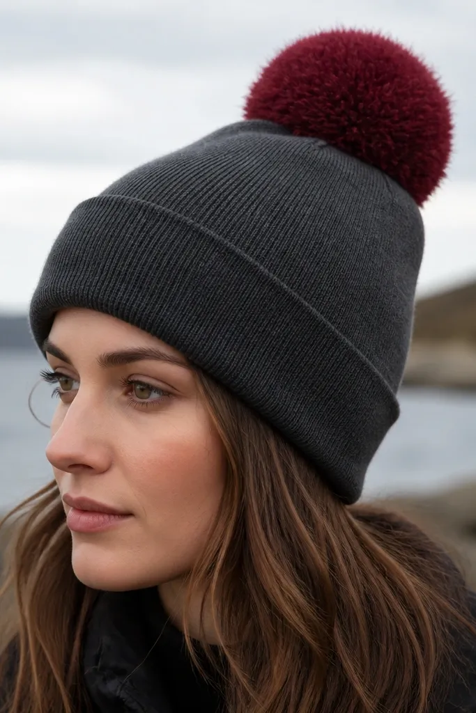 A plain knit beanie in charcoal gray with a pom pom dyed a deep maroon, photographed outdoors with soft daylight, pom pom looking full and round.