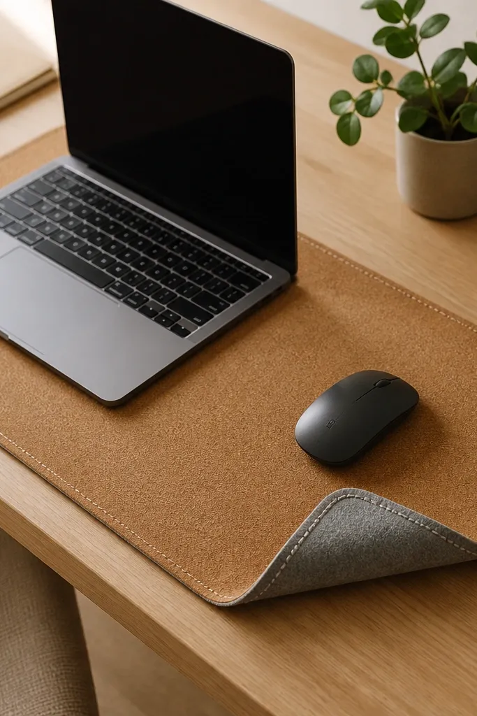 A rectangular desk mat with cork on top and gray felt on the underside, visible stitched border in white thread, placed under a laptop and mouse on a light wood desk.