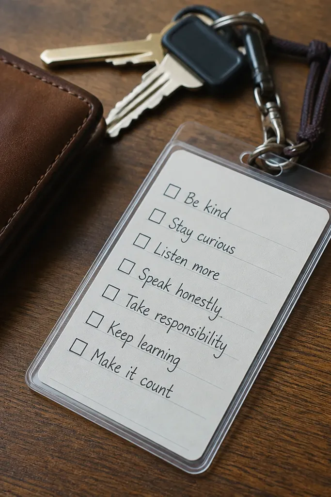A slim laminated card on a lanyard ring, printed with a small checklist and handwritten rules in neat black ink, photographed next to a wallet and keys.