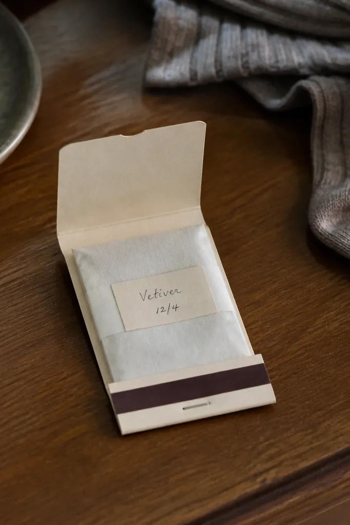 A matchbook-style paper envelope opened to show a folded sachet inside, with a small label that has handwriting and a date, photographed on a dresser with socks nearby.