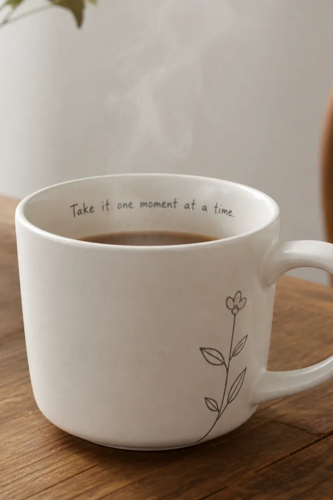 A white ceramic mug with a simple hand-painted line drawing near the handle and a single handwritten sentence inside the rim, photographed with a hot drink steam visible.