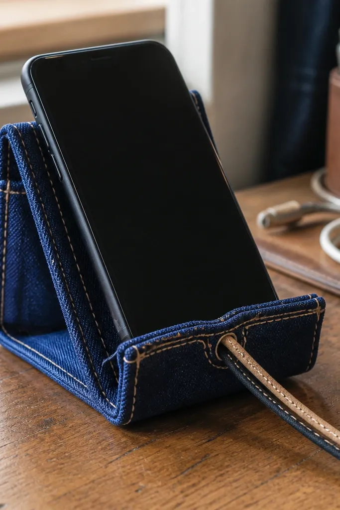 A phone stand made from folded blue denim with a triangular shape, stitched edges in tan thread, and a small channel for a charging cable, photographed on a nightstand.